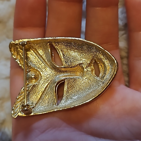 #0127 Masked Woman Pin, White Rhinestone,  White ENAMEL Face Brooch 80s - Picture 3 of 3